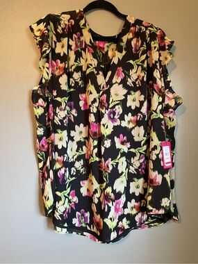 NWT Vince Camuto Sz 2X Womens Black Floral Sleeveless Blouse Top Shirt Ret $79!